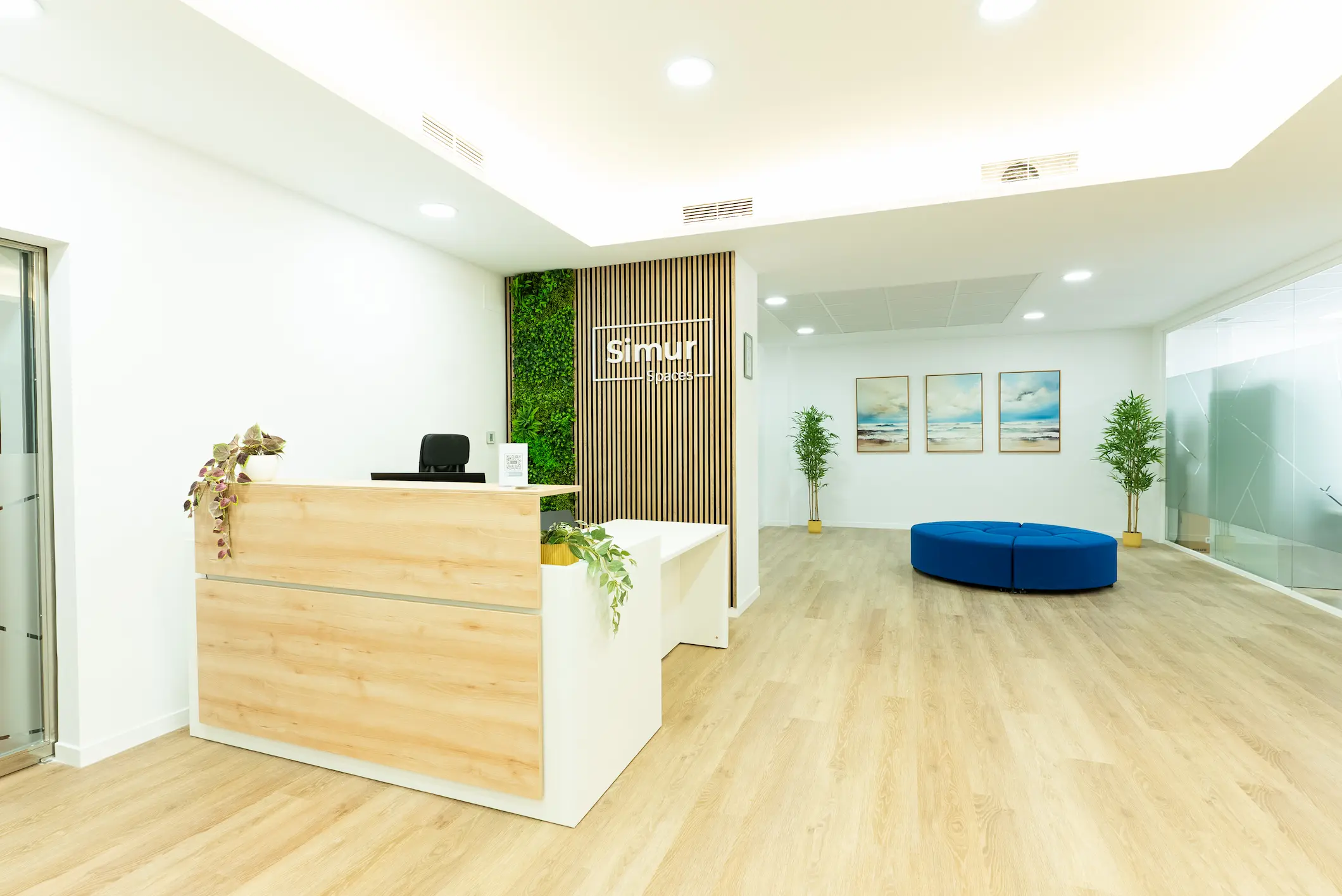 Recepción moderna con decoración natural en coworking de Málaga.
